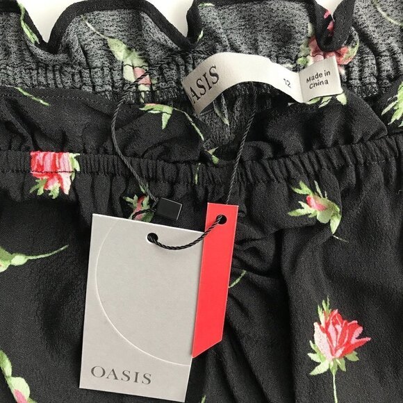 OASIS NWT Rose/Black Print short sleeve elastic ruffled neck viscose breathes 12 - Picture 13 of 16